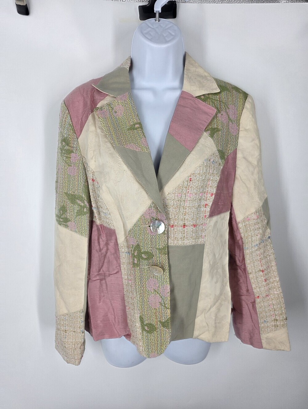 Susan Bristol Patchwork Blazer Jacket 10 Pink Green Tweed Brocade Cottagecore